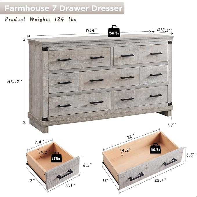 Farmhouse 7 Drawers Dresser, Wood Chest of Drawers, Closet Dresser
