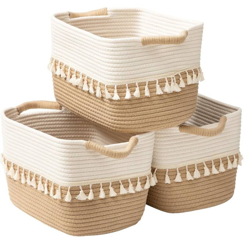 Woven Storage Bin Set of 3, Cotton Rope Basket for Storage - 14.56"D x 6.69"W x 10.63"H - White + Jute