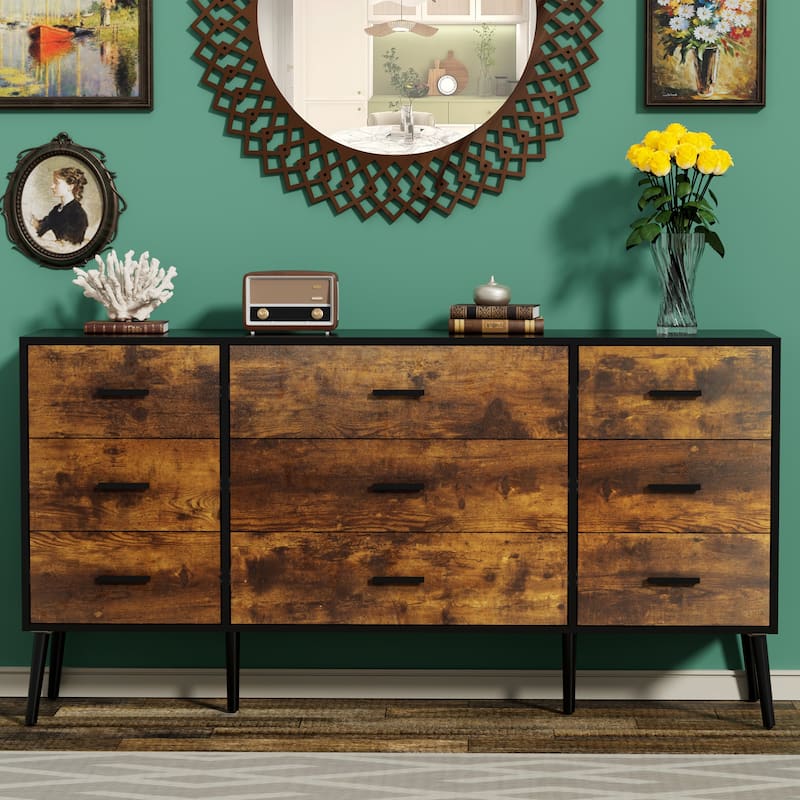 9 Drawers Chest Of Dresser Storage Cabinet Retro Organizer - Brown