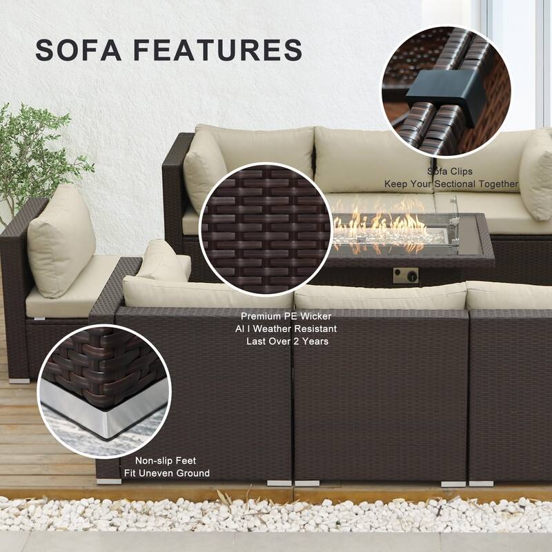 9-Piece Outdoor Brown Wicker Sectional Patio Conversation Set with 43″ Fire Pit Table, Cushion