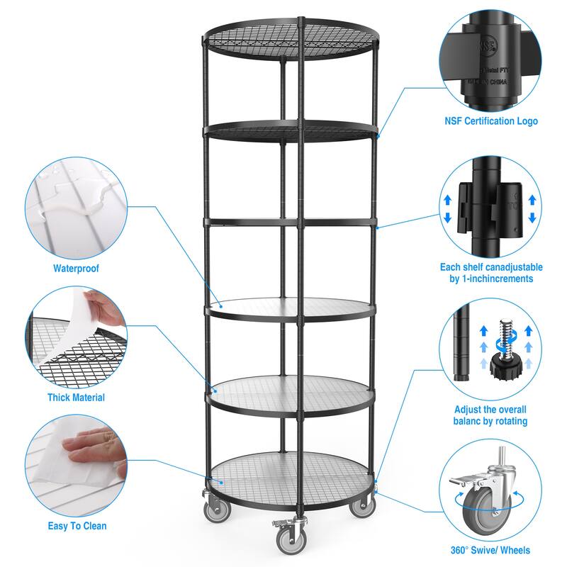 6-layer circular shelf with wheels,White/Black/Silver - 6 Tier