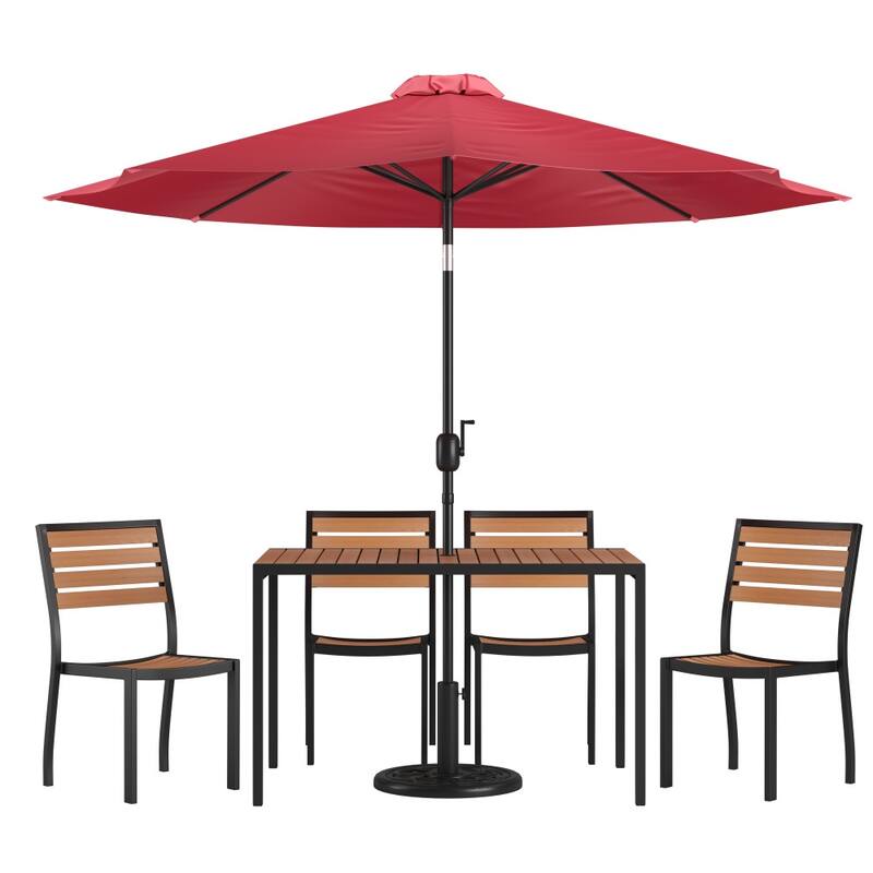Faux Teak Patio Table, 4 Chairs & 9FT Patio Umbrella with Base