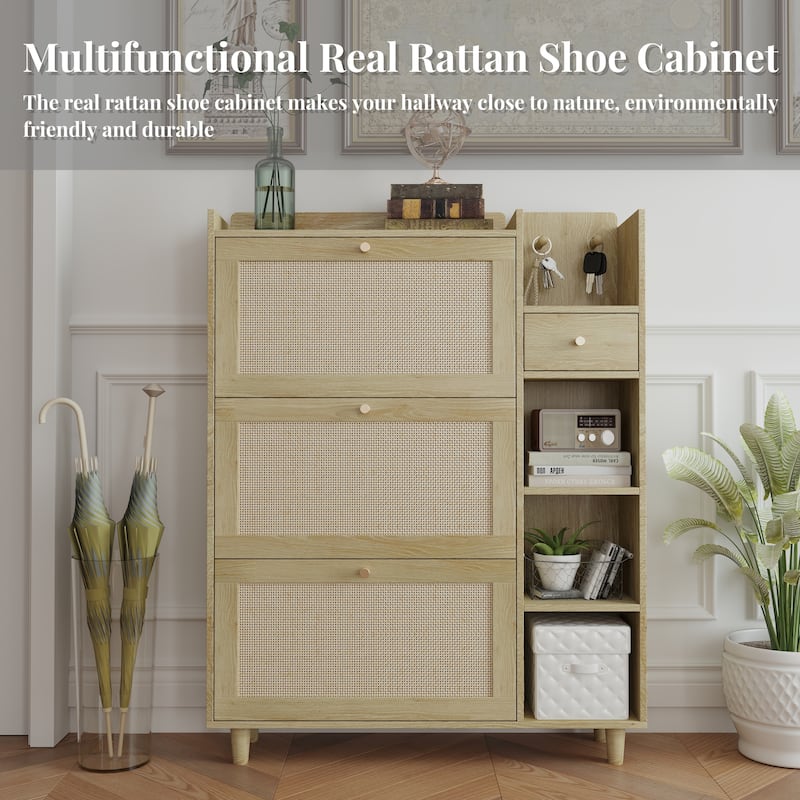 Freestanding Shoe Storage Cabinet, Narrow Hidden Shoe Rack with 3 Rattan Flip Drawers, 3 Square Shelves & 1 Storage Drawer