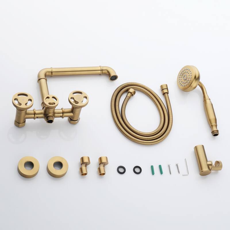 Modland Double Handle Wall-Mounted Bathtub Faucet with Handheld Shower in Black/Gold