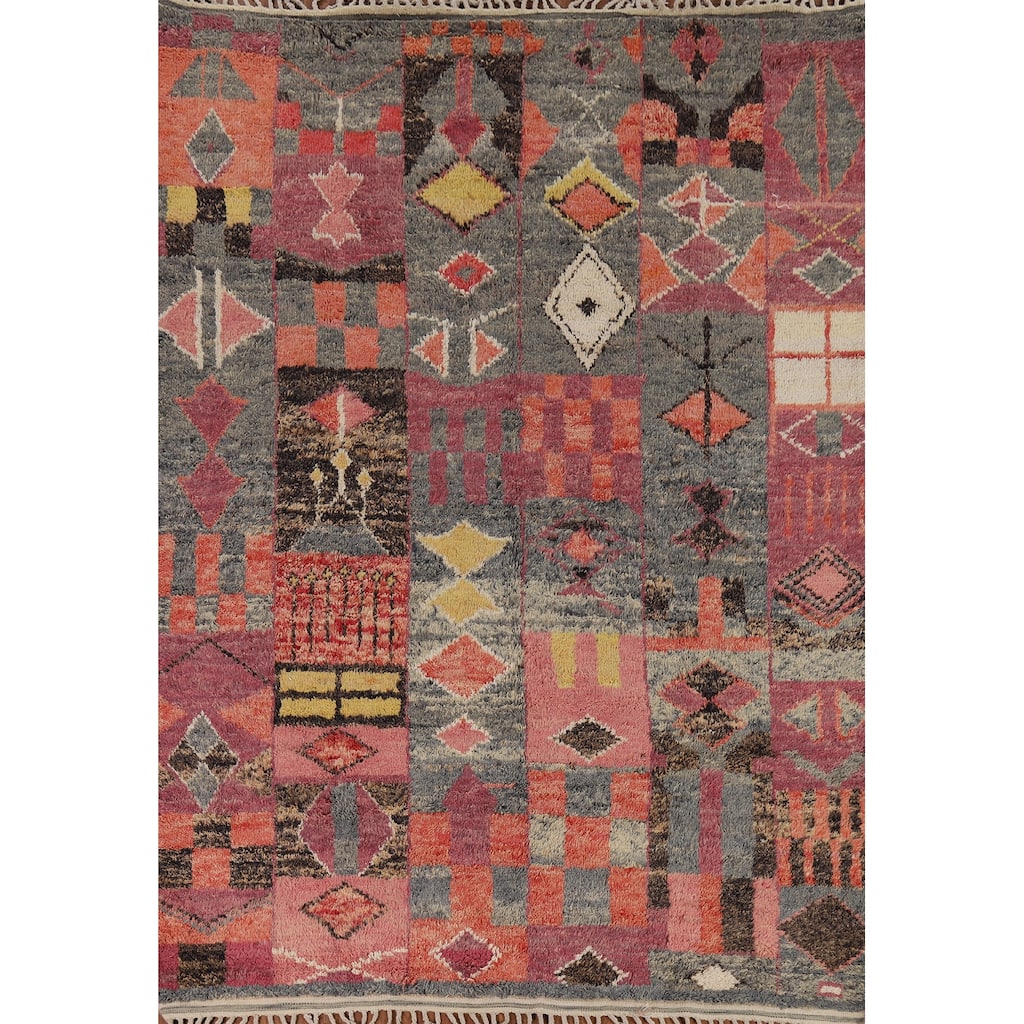 Geometric Plush Moroccan Oriental Rug Hand-Knotted Grey Wool Carpet - 7'9" x 10'5"