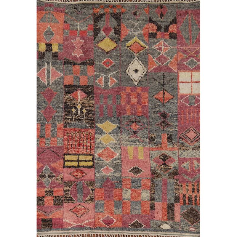 Geometric Plush Moroccan Oriental Rug Hand-Knotted Grey Wool Carpet - 7'9" x 10'5"