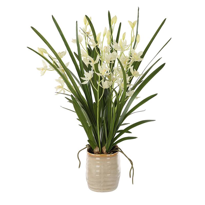 Artificial Cymbidium Orchids Centerpiece in a Glossy Planter - 24.25" - White and Green