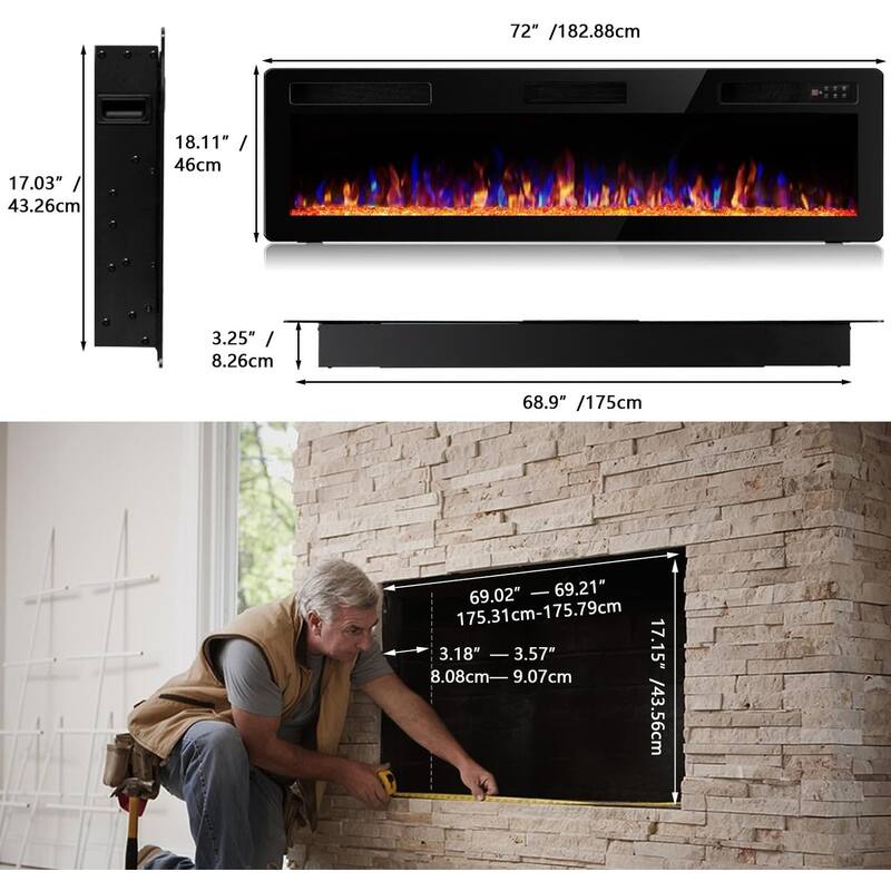 Bossin 30 to 72 inch Electric Fireplace Ultra-Thin and Silence Linear Recessed Wall Mounted Fireplace with Remote Control