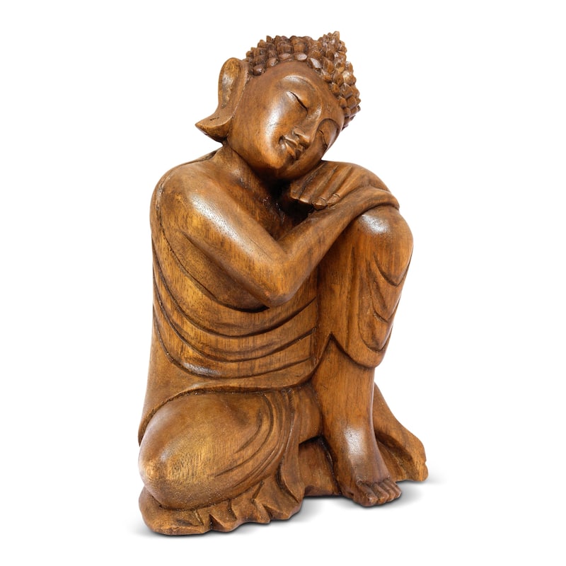 Wooden Serene Sleeping Resting Buddha Statue Hand Carved Figurine Sculpture Home Decor  - 12" tall x 9" wide x 5.5" deep