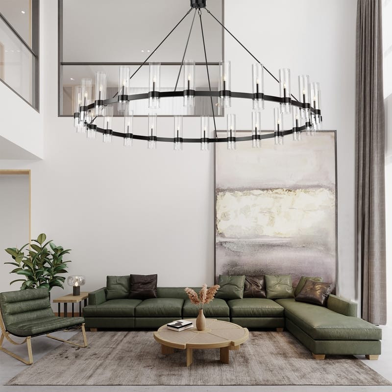 Modern Farmhouse Chandelier Black Wagon Wheel Chandelier with Clear Glass Shade