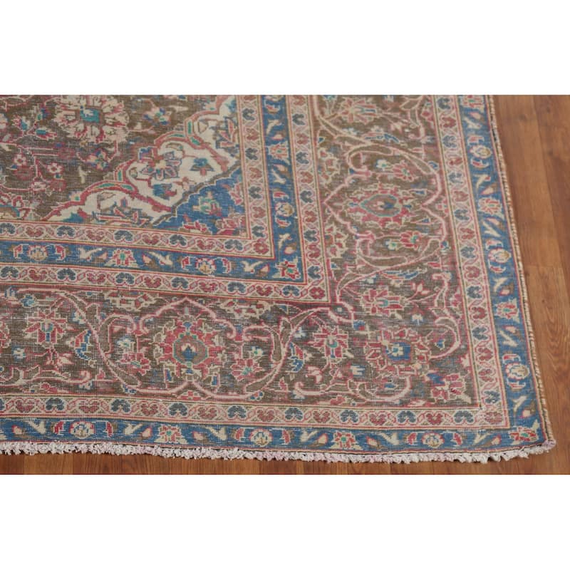 Traditional Floral Mashad Persian Vintage Rug Handmade Wool Carpet - 9'0"x 12'8"