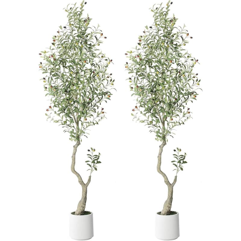 2 Pack Artificial Indoor Faux Olive Tree with White Planter - 7ft