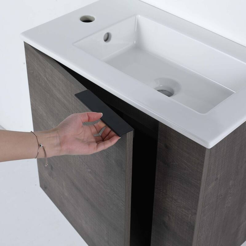 22 inch Plywood Wall-Mounted Bathroom Vanity in Grey Oak with Integrated Ceramic Sink in White with Soft Closing Door
