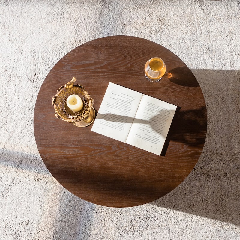 Round Lift Top Coffee Table with Handcrafted Relief, Sturdy Pedestal Base & No Assembly Required