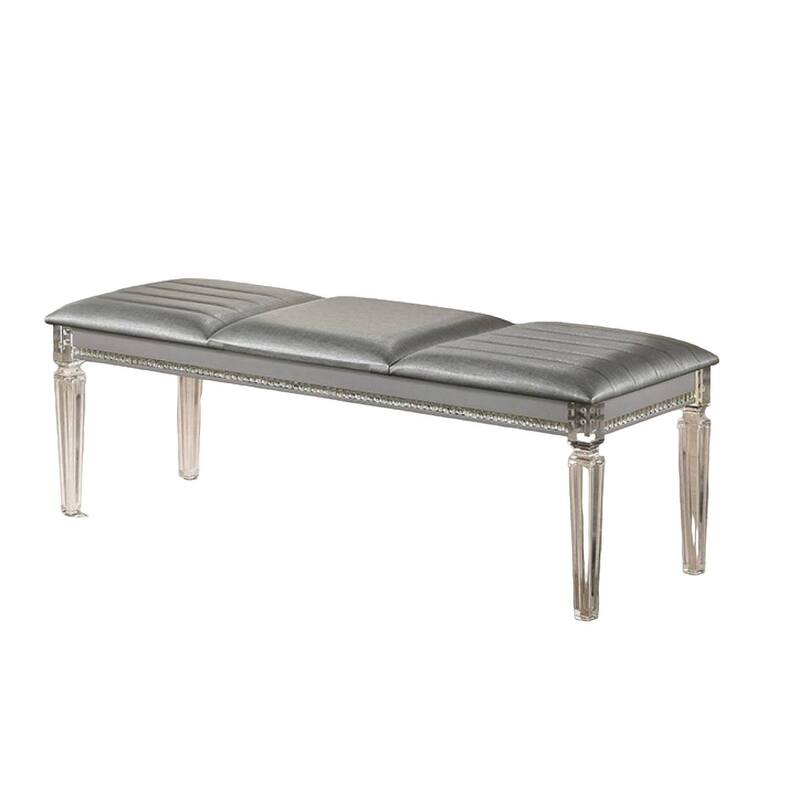 Antique Classic Silver 1pc Bench Only Contemporary Solid wood Acrylic Legs Crystal And Mirror Accent