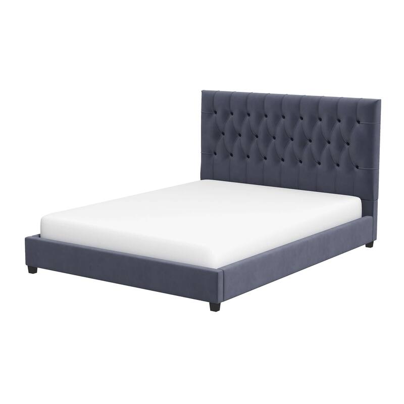 Donald Velvet Upholstered Platform Bed with Tufted Headboard, Solid Wood Legs, No Box Spring Required