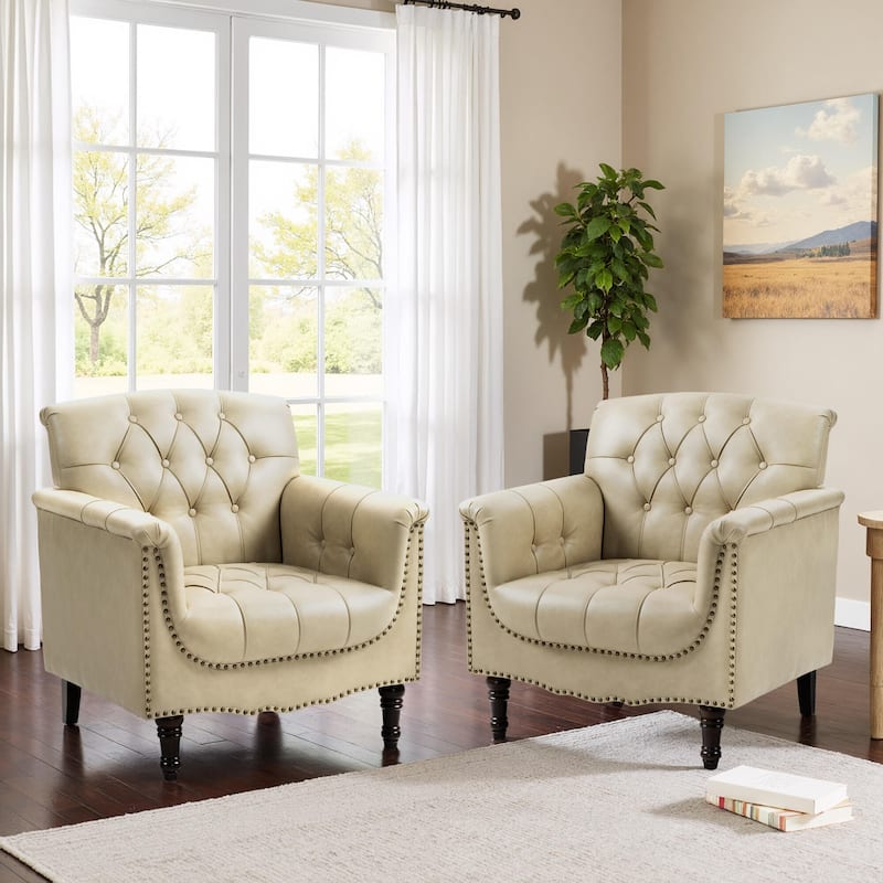 31" W Tufted Vegan Leather Accent Chairs for Living Room Set of 2 - Beige
