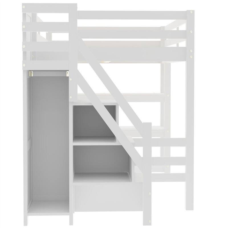 Twin/Full Size Loft Bed with Small Wardrobe and Storage Staircase, Solid Wood Loft Bedframe with LED Light and Storage Shelves