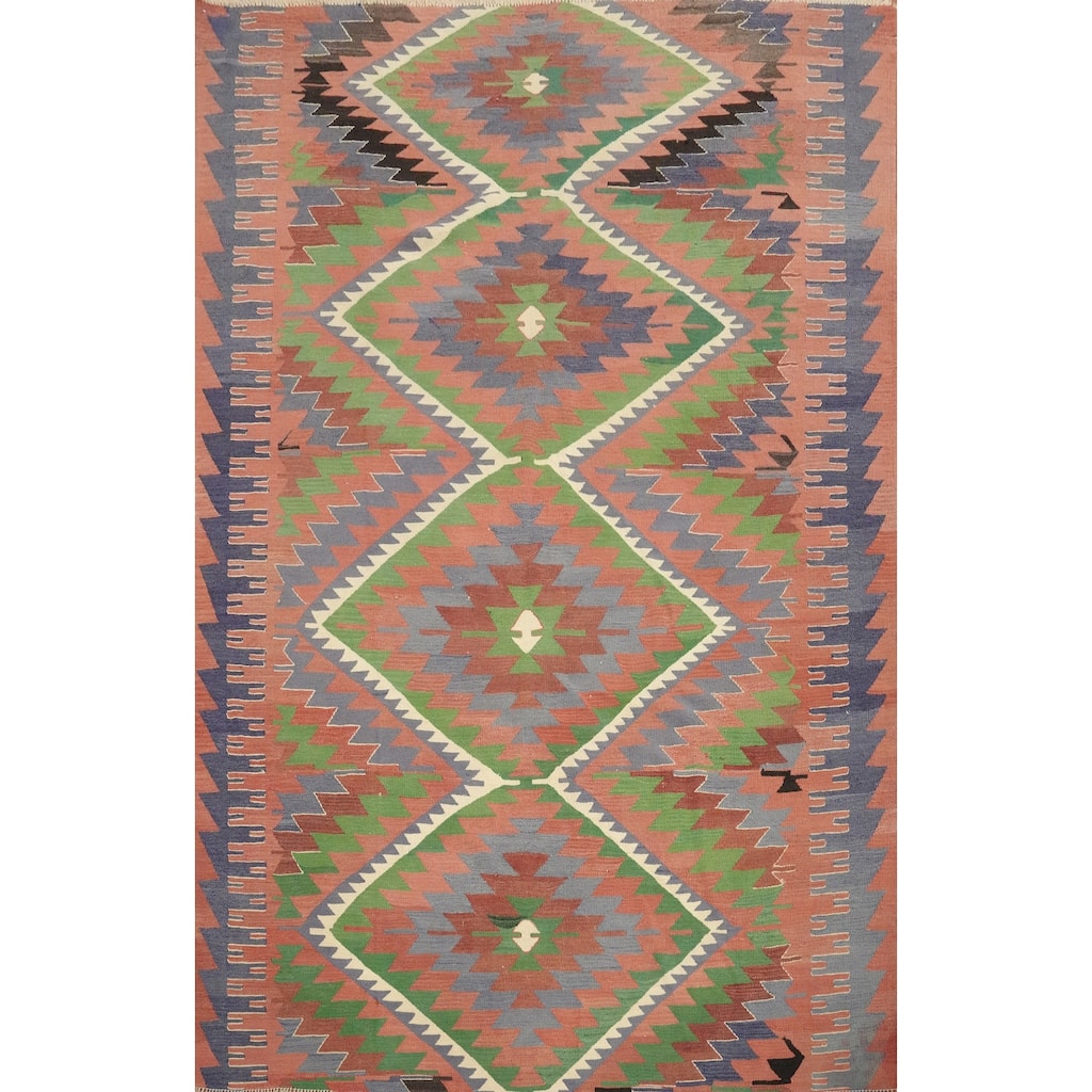 Hand Woven Oriental 100% Wool Carpet Southwestern Tribal Coral Kilim Area Rug - 7' 8'' X 6' 1''