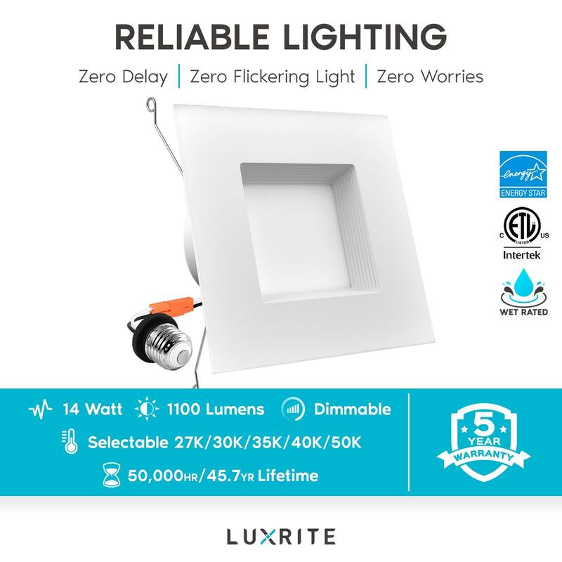 Luxrite 5/6" LED Square Recessed Lighting 5 Color Selectable 2700K, 3000K, 3500K, 4000K, 5000K Baffle Trim 16 Pack