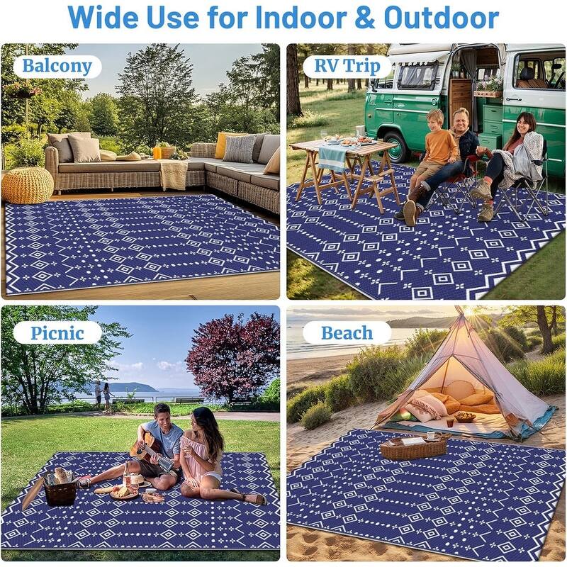 8' x 10' Reversible Outdoor Rug – Waterproof Plastic Straw Mat Blue