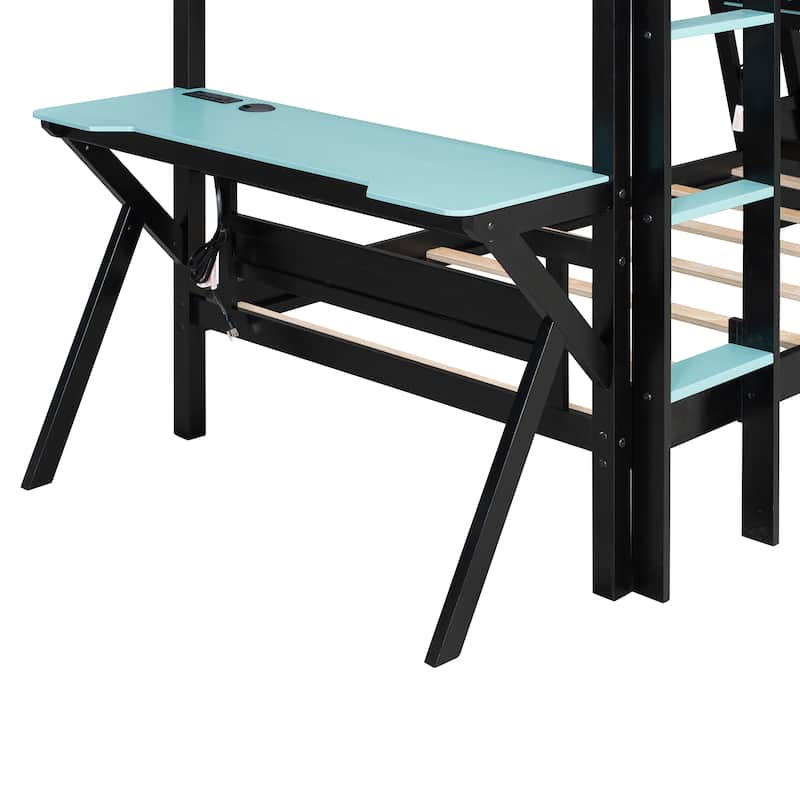 Twin Over Twin Gaming Bunk Bed with Dual Built-in Desks, USB Ports & Pegboard for Gamers