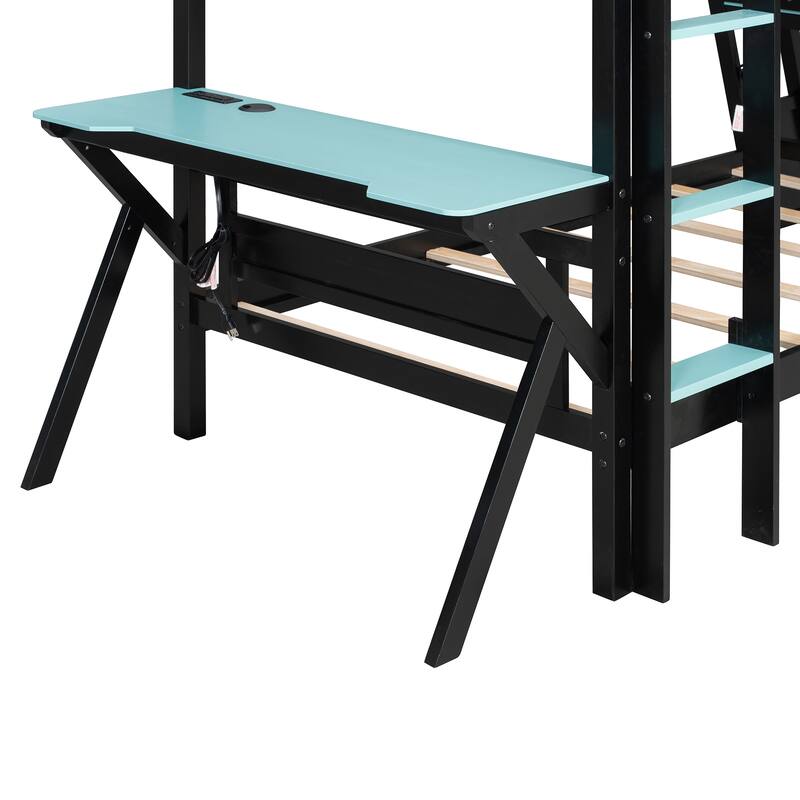 Twin Size Bunk Bed with Two Built-In Gaming Desks, USB Desktop Ports & Pegboard Organizer, Gaming Bunk Frame