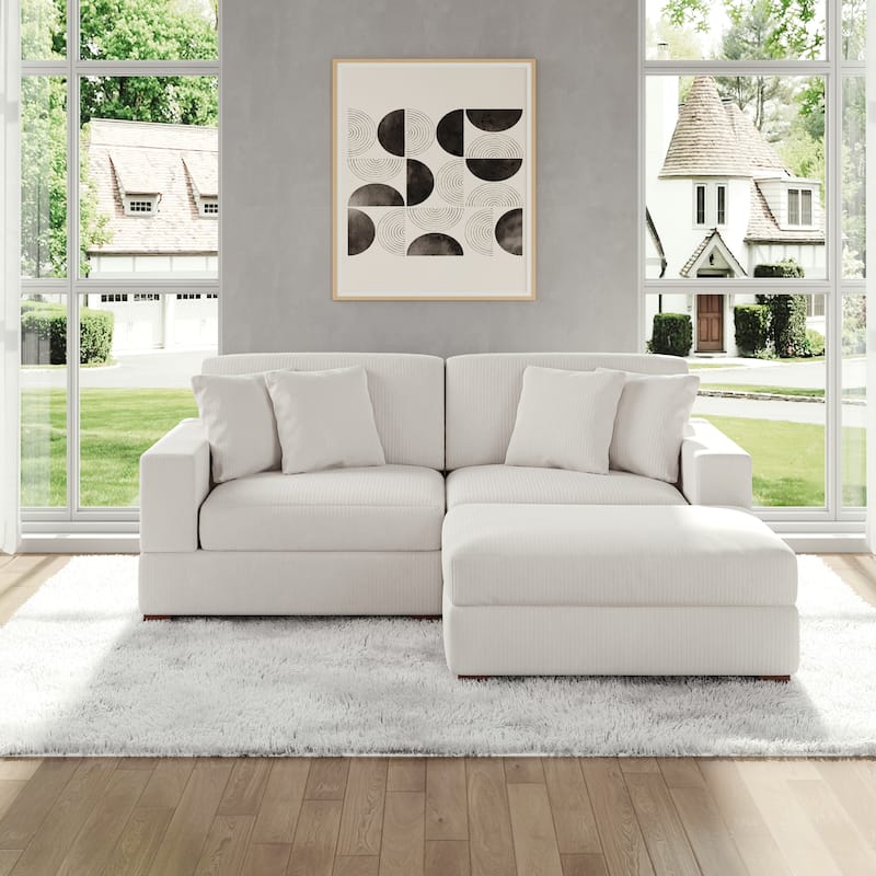 Modular Corduroy Sectional Sofa Set Chaise Couch with Ottoman - Beige-3 Piece