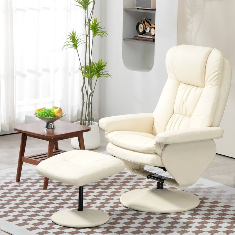 PU Leather Swivel High Back Armchair with Footstool - Cream White