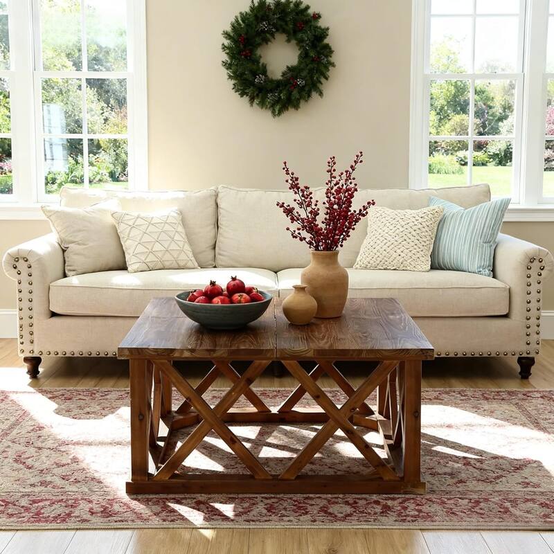 Solid Wood Coffee Table, 39.37-Inch Square, Farmhouse Style, Reinforced X-Frame, Brown, for Living Room, Apartment, Office