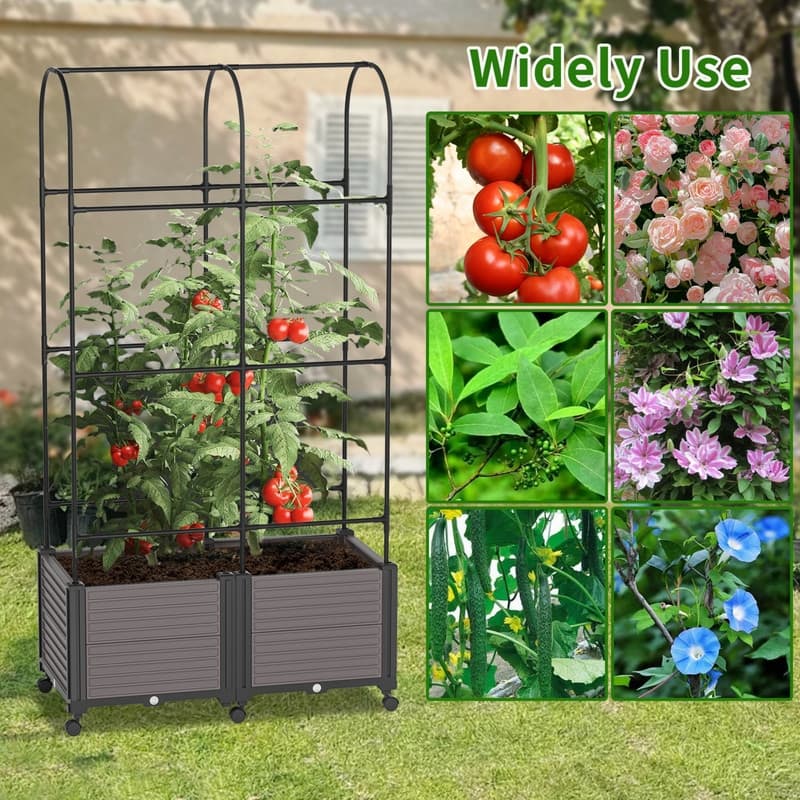 Raised Garden Bed Planter Box with Trellis, Self-Watering and Wheels - 16"X32"x73"