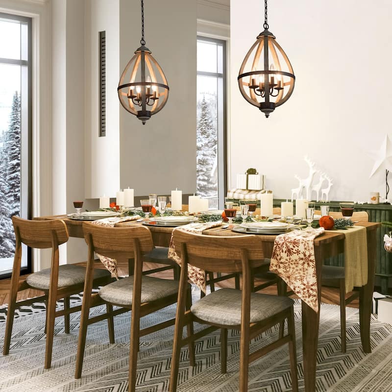 Farmhouse 4-Light Wood Lantern Chandelier Kitchen Island Pendant Light - D13" x H22"