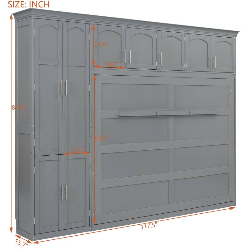 Roomfitters Queen Size Wall Murphy Bed with Cabinets & Overhead Storage, Gray