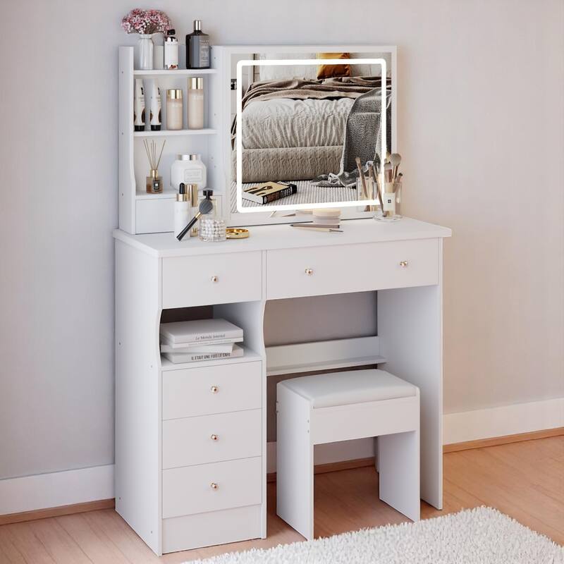 KISRAIS Fashion Vanity Desk with Mirror and Lights, 3 Color Lighting Brightness Adjustable - White