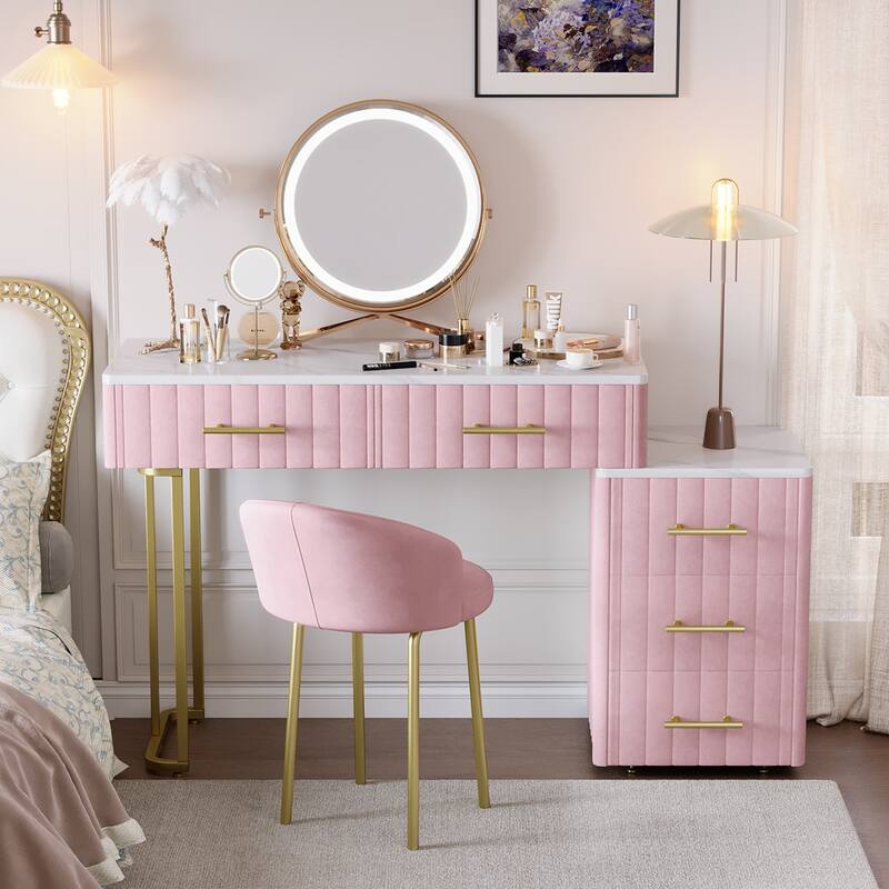 Velvet Upholstered Vanity Desk with Chair, Vanity Set with 5 Big Drawers, Makeup Table with Padded Chair - Pink
