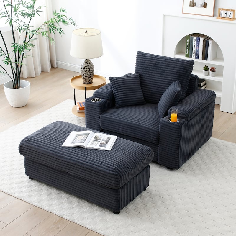 Oversize Accent Chair with Storage Ottoman,Corduroy Fabric Single Sofa,Deep Seat Lounge Armchair with Extra Wide Armrests - DARK GREY
