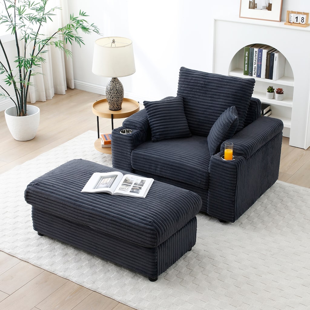 Set of 2 Sofa Armhair & Storage Ottoman, Corduroy Single Chaise Lounge with Extra Wide Armrests and Cup Holders
