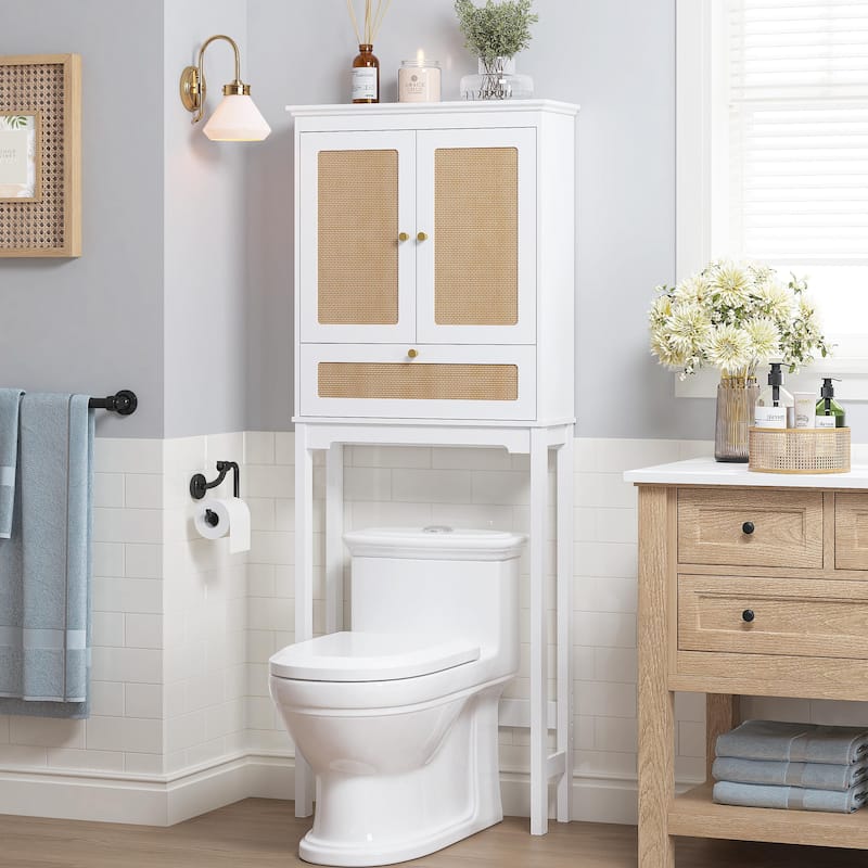 COSTARS Rattan Over-Toilet Cabinet with Tilt-Out Cube & Adjustable Shelf