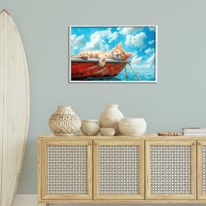 Stupell Sleeping Cat on Boat Framed Giclee Art Design By Parable Visions