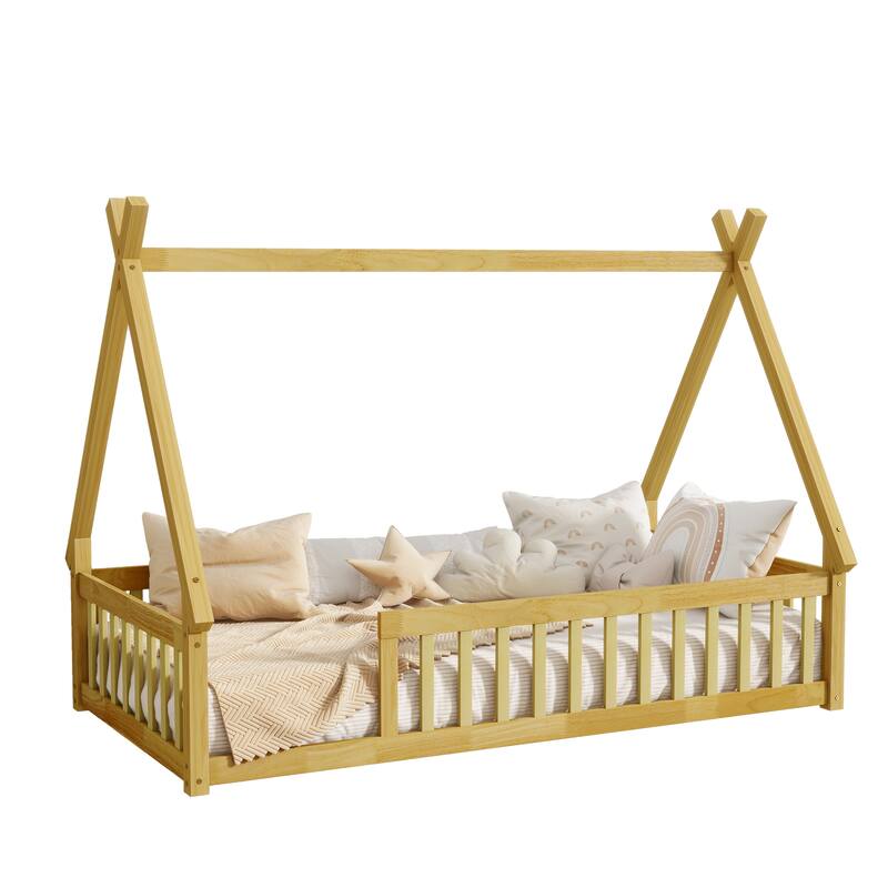 Twin Size Tent Shaped Floor Bed with Guardrails Rubber Wood Low Profile Design