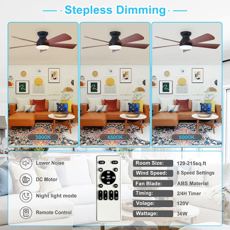 42/35 Inch Low Profile Ceiling Fan with Light: Dimmable, Remote Control, 6-Speed, 5 Blades
