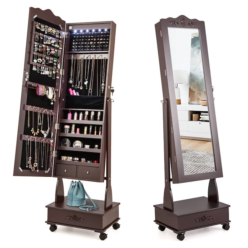 Gymax Rolling Jewelry Cabinet Armoire Full Length LED Mirror Lockable - Brown