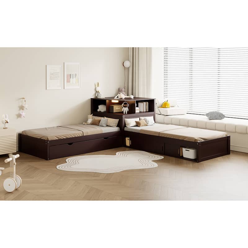 Roomfitters Twin L-Shaped Platform Bed with Trundle, Storage Cabinets and LED Desk