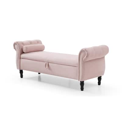 Elegant Light Pink Velvet Nailhead Trim Storage Ottoman Bench