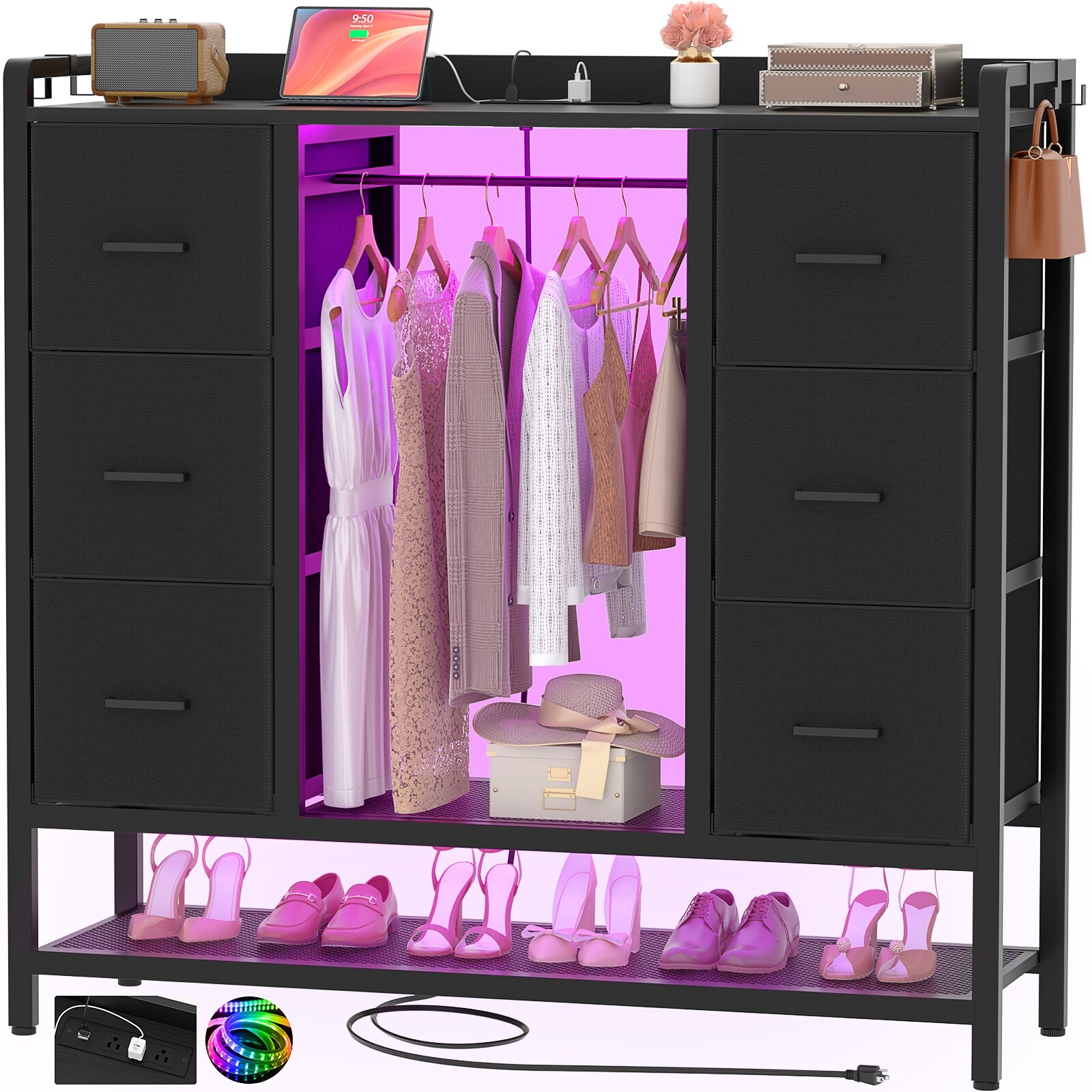6 Drawers Kid's Dresser with LED Light, Closet Organizer