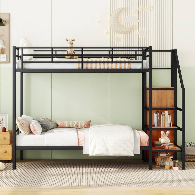 Metal Twin Over Twin Bunk Bed with Lateral Storage Ladder and Wardrobe
