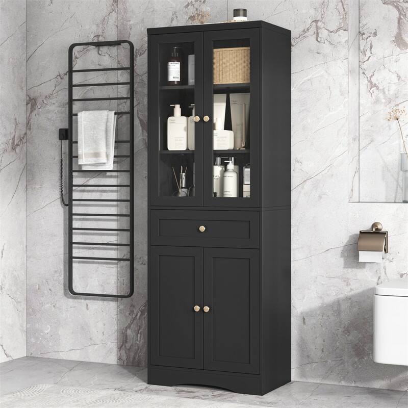 Freestanding Bathroom Storage Cabinet with 4 Doors and 1 Drawer, Tall Bathroom Floor Cabinet with Adjustable Shelf