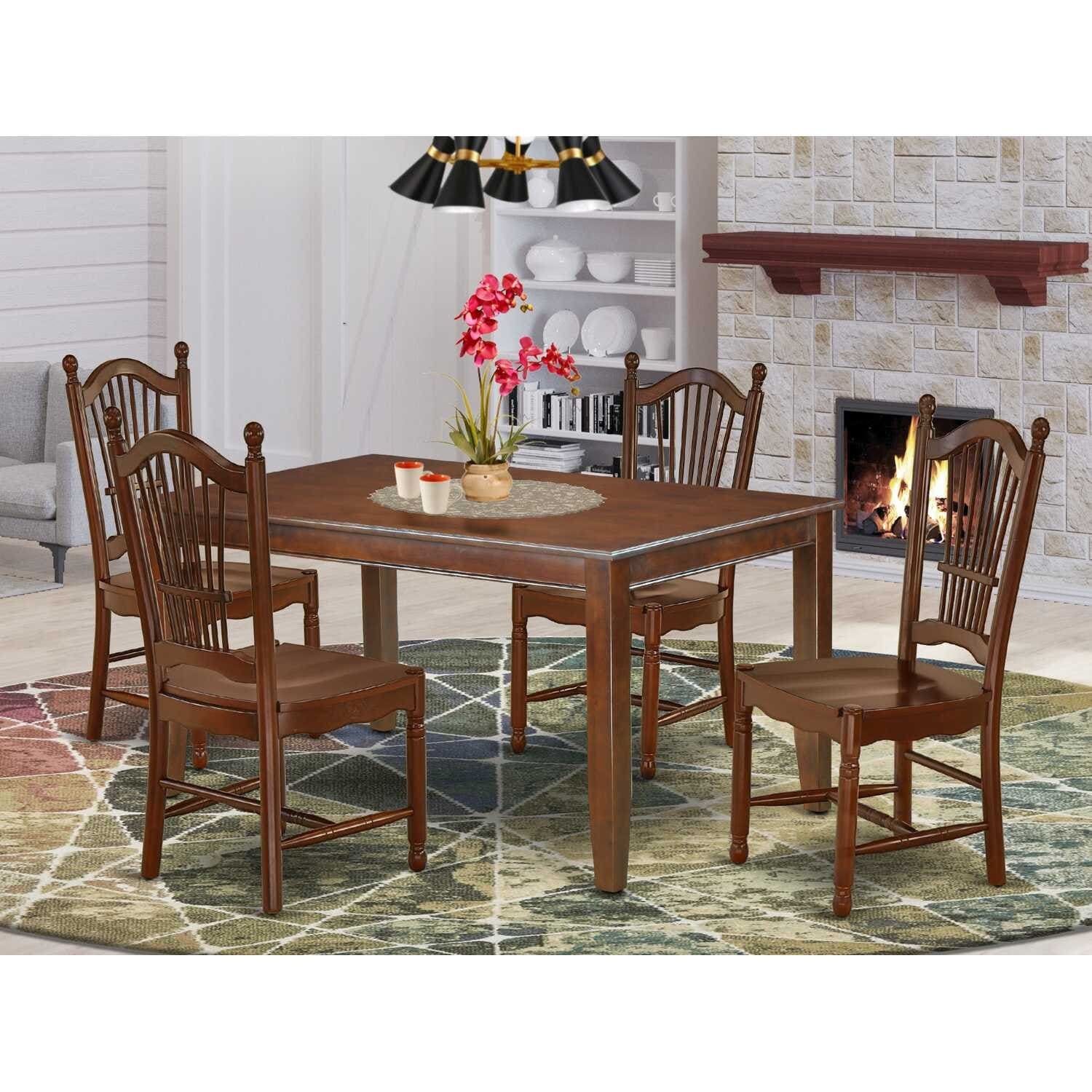 HomeStock 5-Piece Rectangle Mahogany Finish Solid Wood Top Dining Table with 4 Chairs