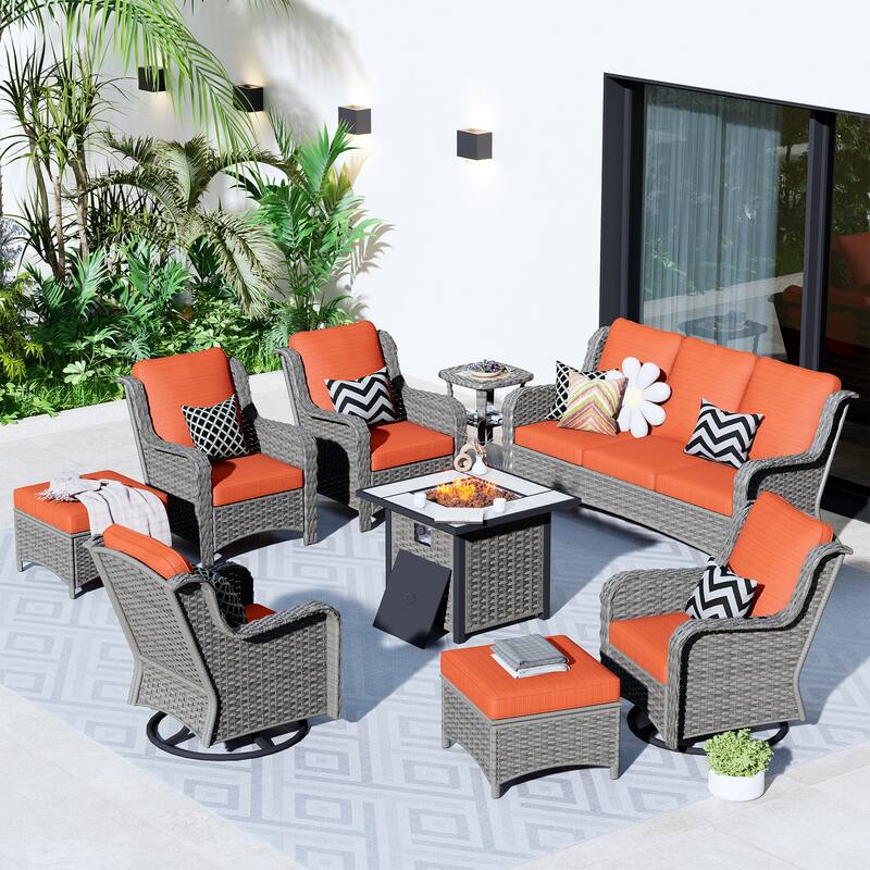 OVIOS 9-piece Patio Wicker Swivel Chair Set With 30" Fire Pit - Red/Orange-Grey Wicker