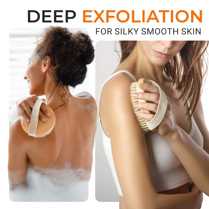 Cheer Collection Set of 2 Natural Bristle Body Brushes Round and Oval with Hand Strap for Wet or Dry Use